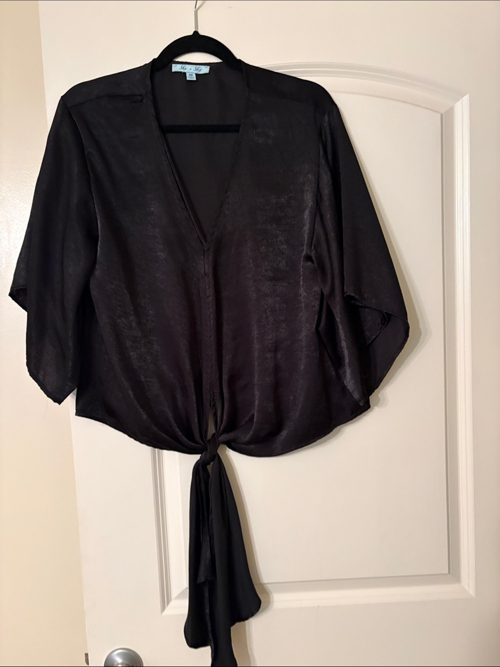 She + Sky Black Satin Tie-Front Blouse